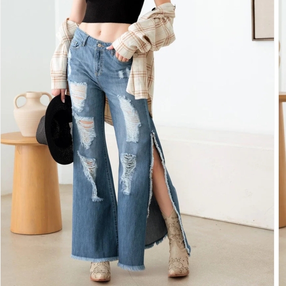 Pants - NIB Blue Side Slit Wide Leg Destroyed Jeans - S,M,L